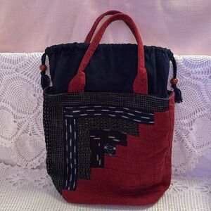 BOHO Reversible Fabric Bag Tote Duffle Dual Handle Beaded Drawstring Pockets